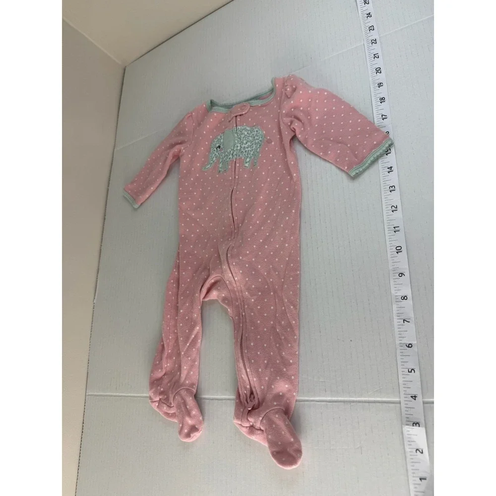 Carter's Baby Girl 6 Months Zip Up Jumper With Feet Pink Polka Dots Elephant